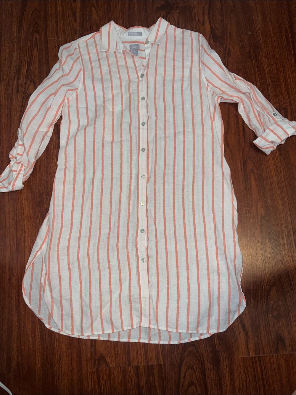 Chico's Coral and White Striped Midi Shirt Dress